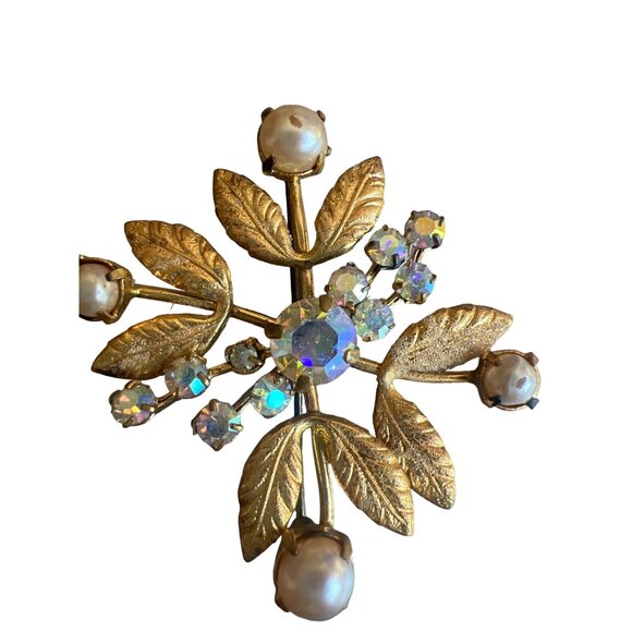 Vintage Made in Austria Gold Tone Aurora Borealis AB Crystals Etched Leaves - Picture 4 of 11